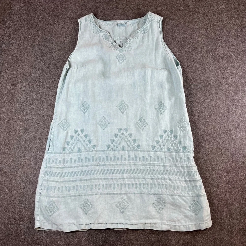 Artisan NY Women‎ Blue 100% Linen Embroidered Sleeveless Shift Dress Sz L Pocket
